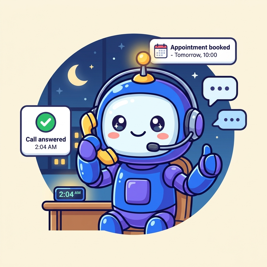 Friendly AI robot answering phone calls and booking appointments at night