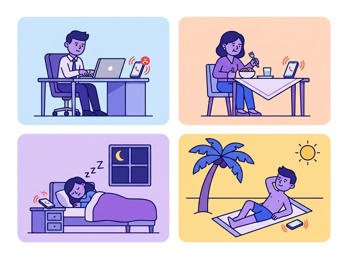 Four scenarios showing missed business calls: busy at work, having dinner, fast asleep, and on holiday