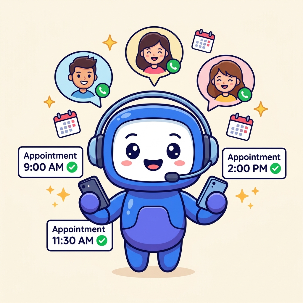Happy AI robot managing multiple customer calls and booking appointments